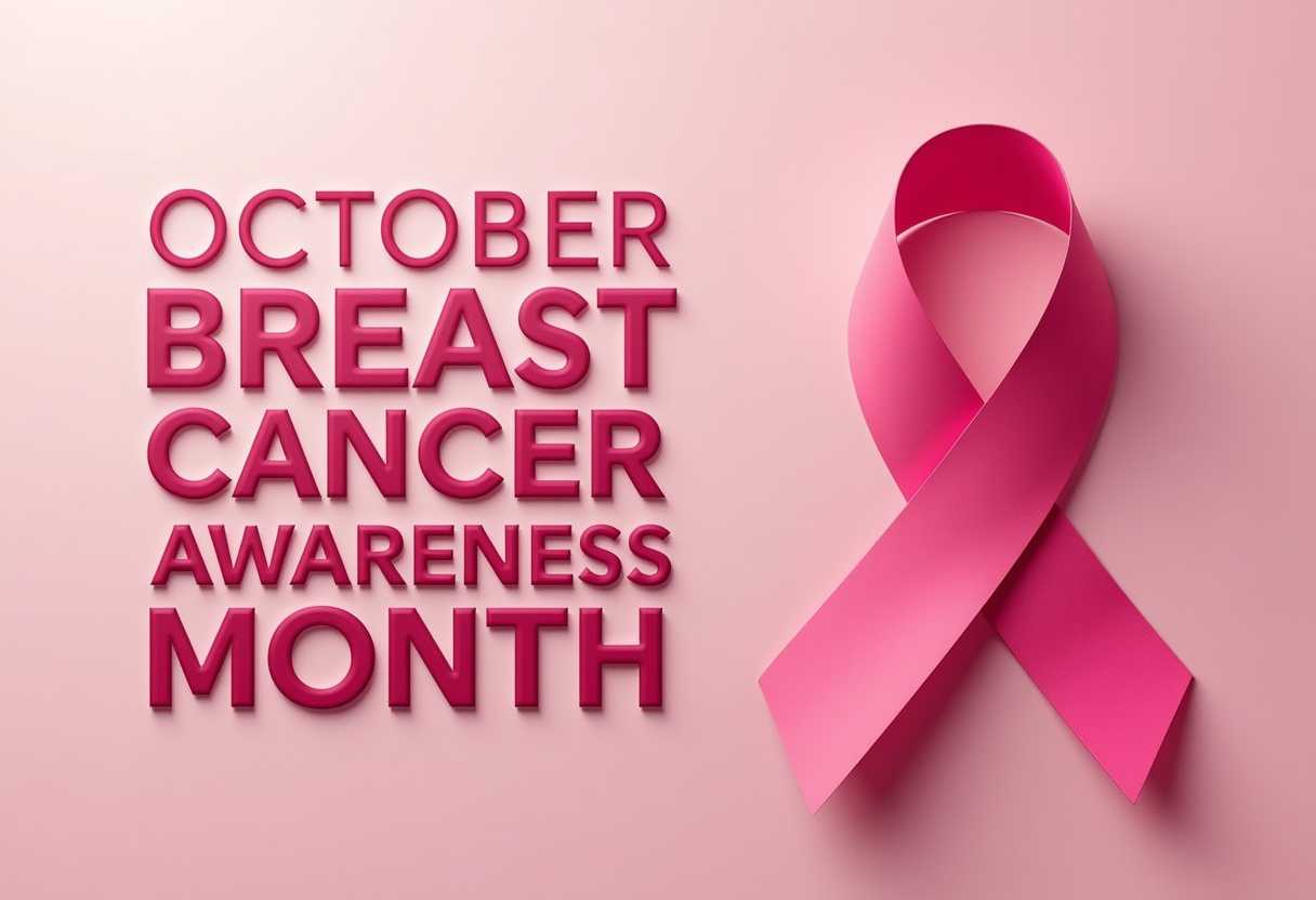 This 3d image is a digital graphic with a minimalist design, featuring a gradient pink background that transitions from a light to a darker shade. The text is in a bold, sansserif font, which is a common choice for modern and straightforward visual communication. On the left side of the image, in capitalized, bold letters, it reads "OCTOBER BREAST CANCER AWARENESS MONTH." The text is in a shade of dark pink raised, which is a common color associated with breast cancer awareness. The text has a slight shadow, giving it a three-dimensional effect and making it stand out against the background.On the right side of the image, there is a pink ribbon, which is a symbol commonly associated with breast cancer awareness. The ribbon is styled in a loop, with the ends tied together in a bow, and it has a subtle shadow that gives it a sense of depth. The ribbon is also in a shade of pink that matches the text and the background, reinforcing the theme of breast cancer awareness.The overall art style of the image is clean and modern, with a focus on simplicity and clarity. The use of a single color palette pink unifies the design and reinforces the message of breast cancer awareness. The choice of a gradient background adds a subtle visual interest without detracting from the central message of the image.