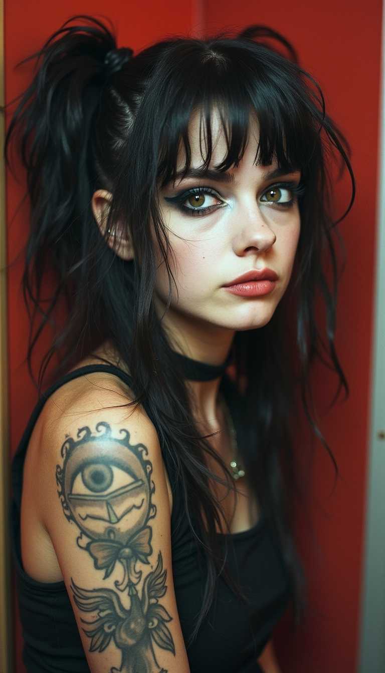 a beautiful female college student goth, 1986, vintage Photobooth, detailed facial features, makeup, wearing eyeliner, scene hair, teased hair, tattoos, artsy, emo, found footage, Montreal, low resolution, quality, grainy effect, natural, imperfections, film grain, <lora:amateurphoto-version5-gm:0.3>