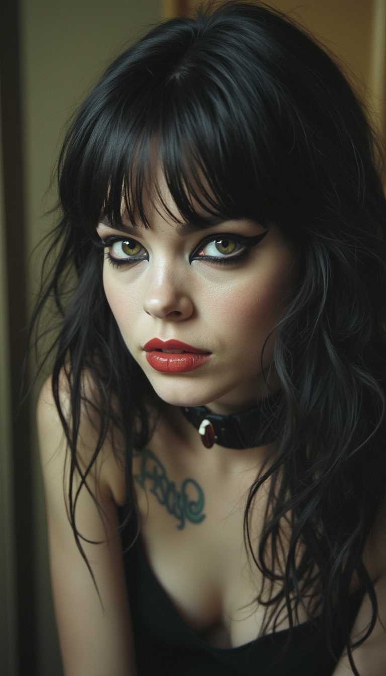a beautiful female college student goth, 1986, vintage Photobooth, detailed facial features, makeup, wearing eyeliner, scene hair, teased hair, tattoos, artsy, emo, found footage, Montreal, low resolution, quality, grainy effect, natural, imperfections, film grain, 