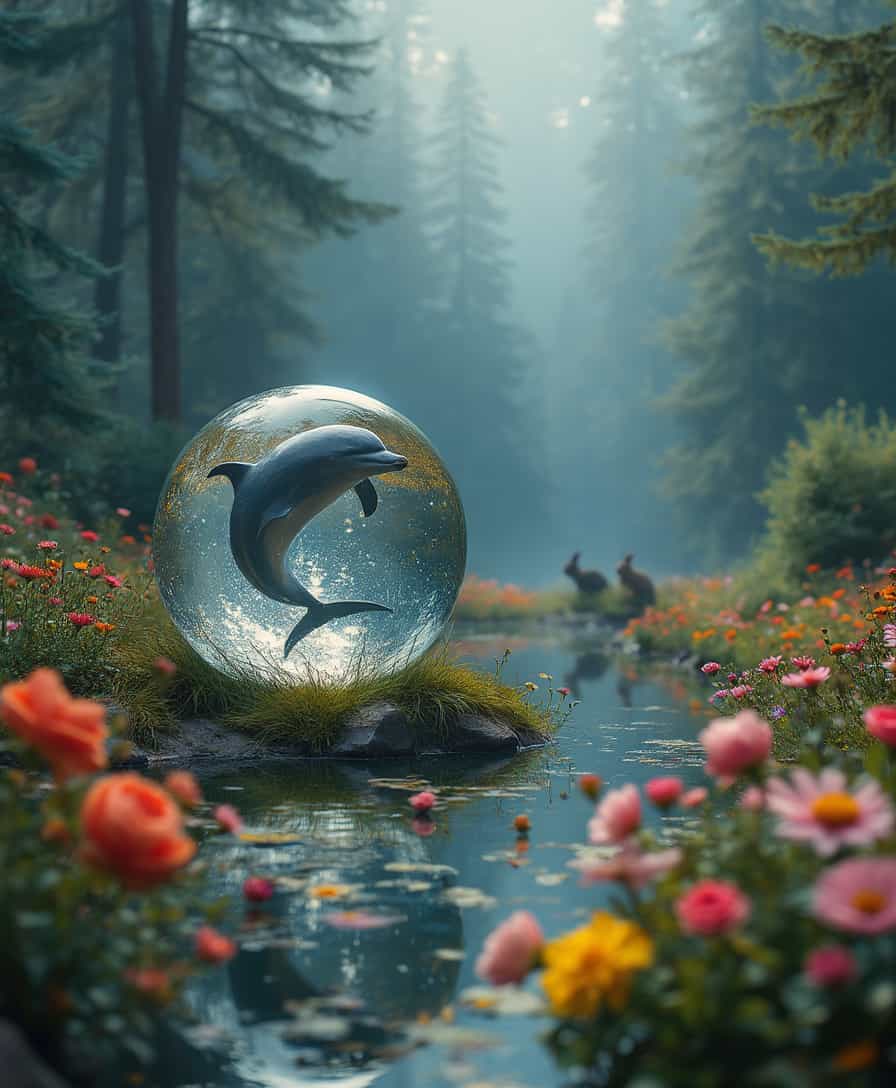 masterpiece, best quality, ultra-detailed, realistic, 8k, pine tree, flowers fields, many kinds of flowers, a couple of rabbits on very distant, lakes, meadows, glitter, moonlight, out-of-this-world scenery, lifelike, naturalism, greatest naturalism photo, immaculate detailed realism photography, rich colors, best colors perfect composition, perfect colors, colorful, clear photo, intrigue nature panorama, delicate nature photo, immaculate micro-details nature elements, (out-of-this-world scenery:1.23), beautiful landscape, beautiful flowers, crystal fantastic, breathtaking beautiful nature, unmatched beauty nature, more nature elements, rich nature elements, close up (emphasize dolphin jumping above water crystal sphere:1.37), (close up crystal sphere, close view crystal sphere, view from close, view from near:1.37), (intricate detailed dolphin inside the crystal sphere:1.37), (ultra detailed crystal sphere:1.2), (super quality dolphin inside the crystal sphere:1.37), (highest quality crystal sphere:1.2), (super adorable and cute overloads of doplhin:1.37), (awards winning pohotography:1.2), real life photo realistic, perfect proportion, aesthetic, artistic style, surreal, insanely lifelike, top best naturalism photography, greatest detailed, intricate nature details background, depth of field, no human, detailerlora,