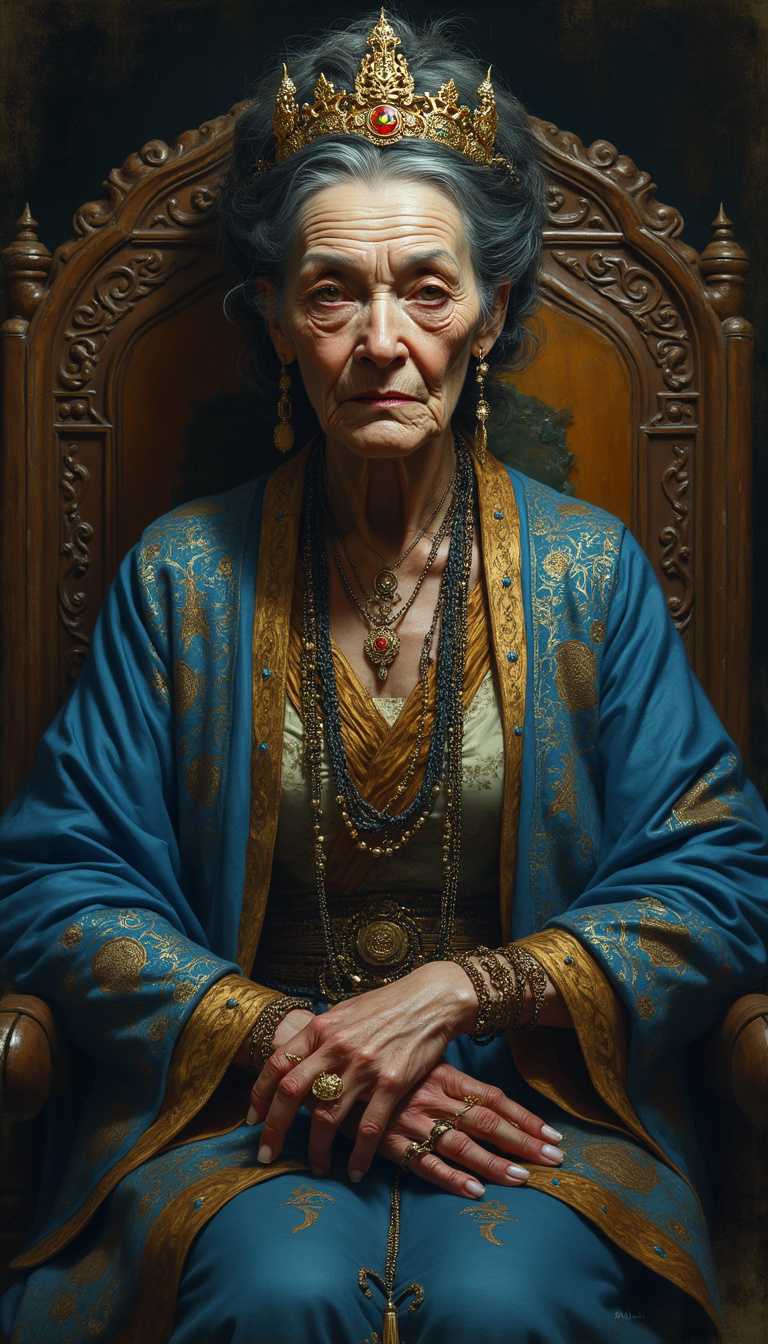 GLOW,intricate tetradic colors in every details,FLUORESCENT,asian woman, A portrait, highly realistic painting of an elderly woman with an air of malevolent regality. She should have a wizened visage, pale skin stretched taut over prominent cheekbones, her eyes burning with chilling intensity. Dress her in luxurious, intricately patterned robes of deep blues and golds, accented with fur, conveying both wealth and a connection to ancient power. She should be adorned with an abundance of ornate jewelry - rings, bracelets, a headdress - that speak to a life steeped in arcane practices. Her hands, gnarled with age, are covered in esoteric tattoos. She sits upon an elaborately carved wooden chair. The background is dark and undefined, keeping the focus solely on the subject and her palpable aura of power.  Emphasize the woman's unsettling presence - her piercing gaze, her sharp, claw-like nails, and the feeling that she possesses a knowledge that borders on the forbidden.  The lighting should be reminiscent of classical portraiture, casting the woman's face in a dramatic chiaroscuro, further enhancing her formidable aura.