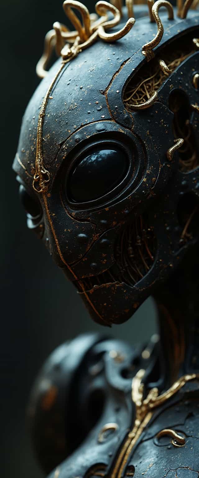 Steampunkinspired robotic figure with gothic and alien aesthetics
