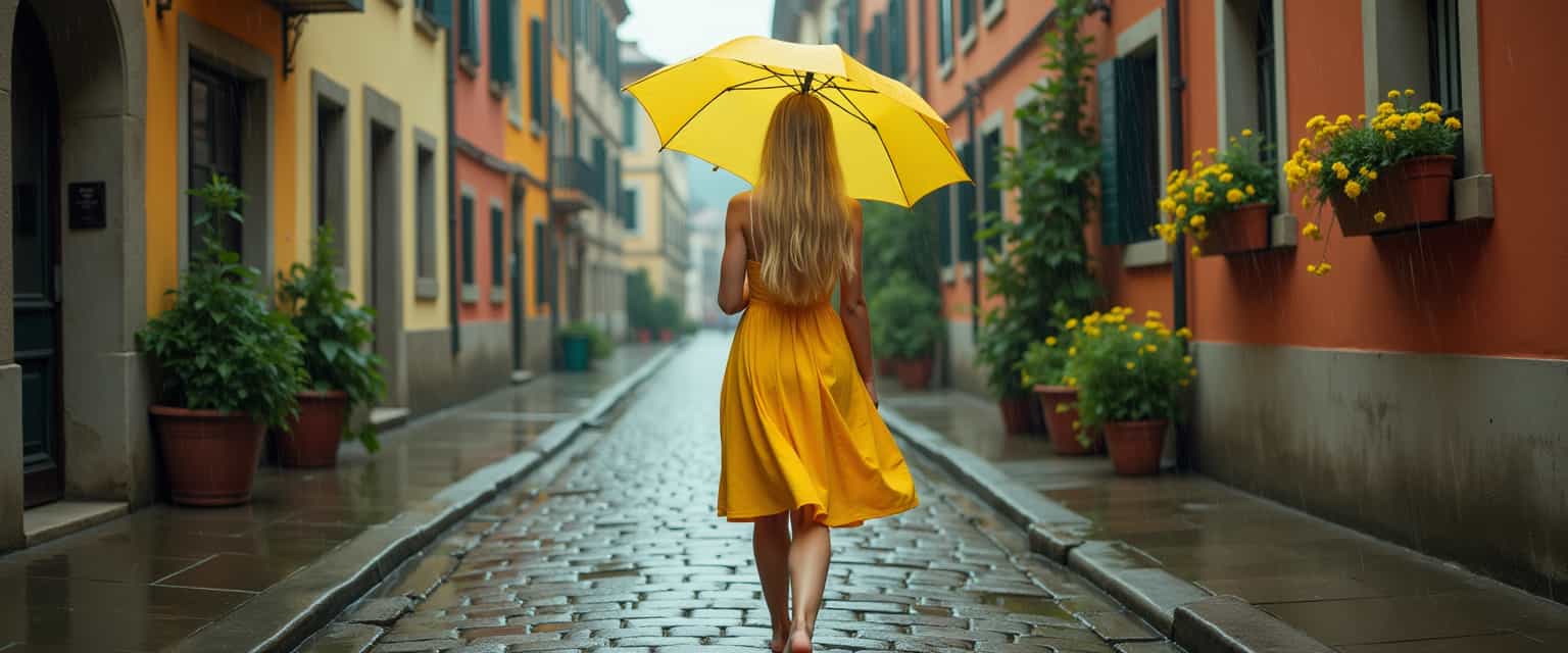 A young woman with long blonde hair, in a bright yellow dress and a yellow umbrella walks away from the viewer. It is raining and she is dancing in the rain with no shoes on. There are muted buildings on each side of the cobbled street in Europe. Some of the buildings have hanging baskets with yellow flowers spilling from them.