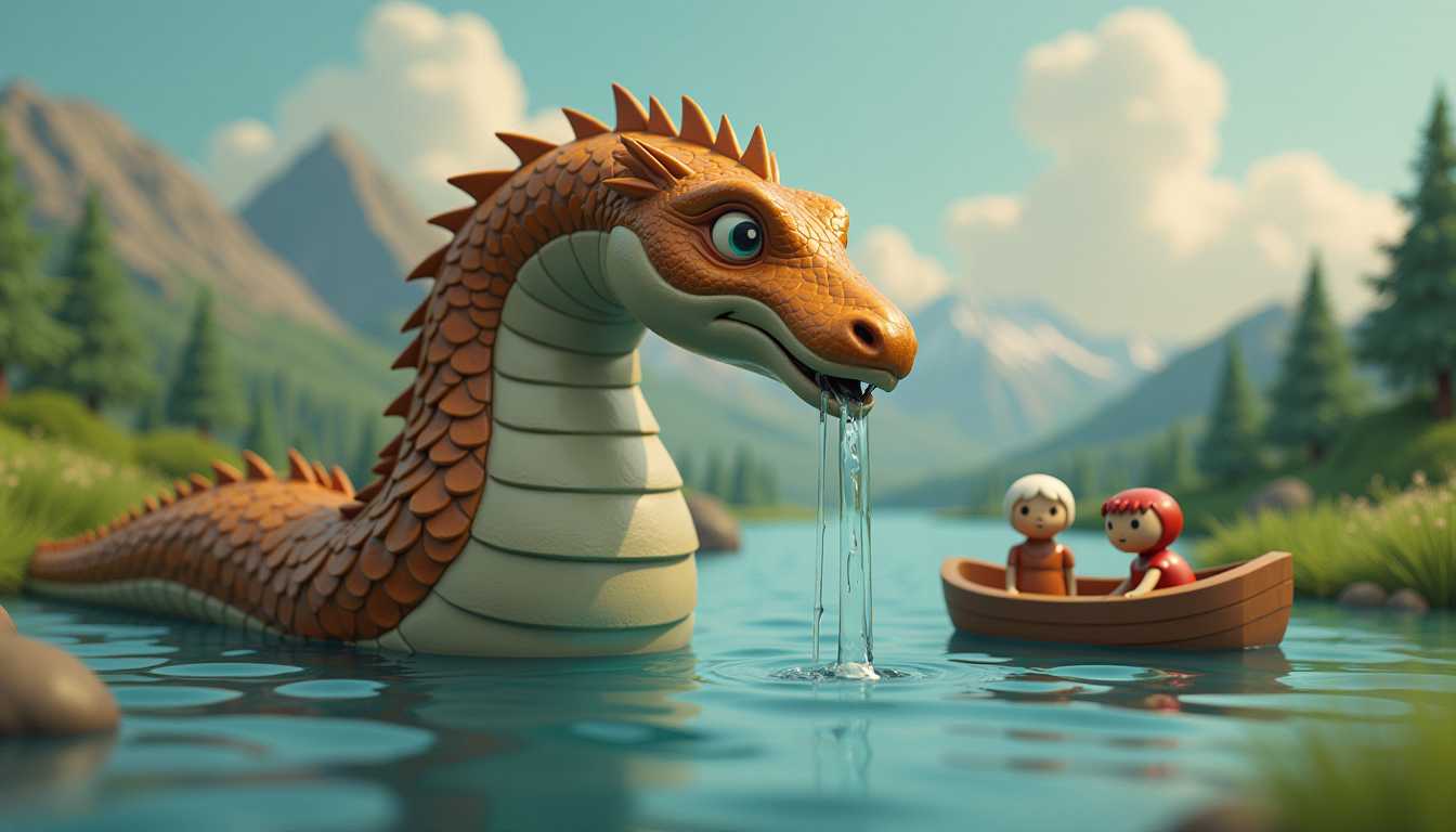 Children in a Boat with a Friendly Serpent Dragon in a Lakeside Setting