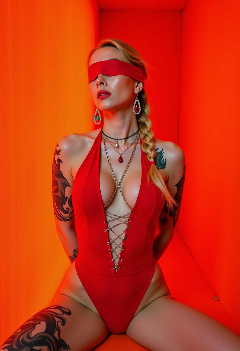 This image features a person seated against a monochromatic orange backdrop that extends to the ceiling, creating a tunnellike effect. The person is wearing a red, formfitting bodysuit with a plunging neckline and a high slit down the front, revealing midriff. The bikini suit is adorned with a series of silver chains crisscrossing over the torso, adding a bold, edgy design element. The persons left arms are tied behind her back, she has lots of  tattoos with a black and gray design that appears to be a stylized bird or a similar creature, with intricate detailing and shading that gives the tattoo a three-dimensional appearance. The tattoo extends from the forearm to the elbow.The persons right arm is also tattooed, with a black and gray design that seems to be a continuation of the left arms tattoo, or could be a separate piece. This tattoo is less visible due to the persons pose and the angle of the photograph.The persons left ear is graced with a large, dangling earring with a teardrop shaped stone, which adds a touch of glamour to the otherwise edgy look.The persons hair is styled in a long, blonde braid that cascades down the back, secured with a red band that matches the color of the bodysuit.The art style of the image is contemporary, with a focus on bold lines, bright colors, and a sense of movement and energy. The medium appears to be a photograph, given the clarity and sharpness of the details.Overall, the image exudes a sense of confidence, strength, and fashionforward style, with a touch of mystery due to the blindfold.