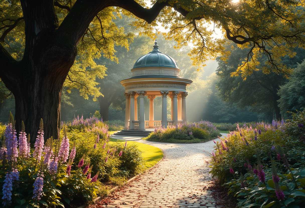 A serene garden path winds gently through lush, vibrant greenery towards a classical-style gazebo. The path is bordered by a diverse array of blooming flowers in hues of rich purples, soft pinks, and vibrant yellows, their petals glistening with dew. Majestic oak trees arch gracefully overhead, their leaves casting dappled shadows on the cobblestone walkway. In the distance, the gazebo, constructed in elegant white marble, features intricate Corinthian columns and a domed roof adorned with ornate carvings. Gentle rays of golden sunlight filter through the foliage, creating a warm, inviting glow. The scene is composed in a picturesque manner, viewed from a slightly elevated angle that accentuates the pathway's gentle curves and leads the viewer’s eye towards the architectural centerpiece. The atmosphere is peaceful and calm, conveying the quietude of a late afternoon in early autumn, with a light breeze rustling the leaves. The style combines elements of Romantic landscape painting with the precision of a high-resolution, wide-angle photograph, ensuring a balance between dreamy elegance and realistic detail.