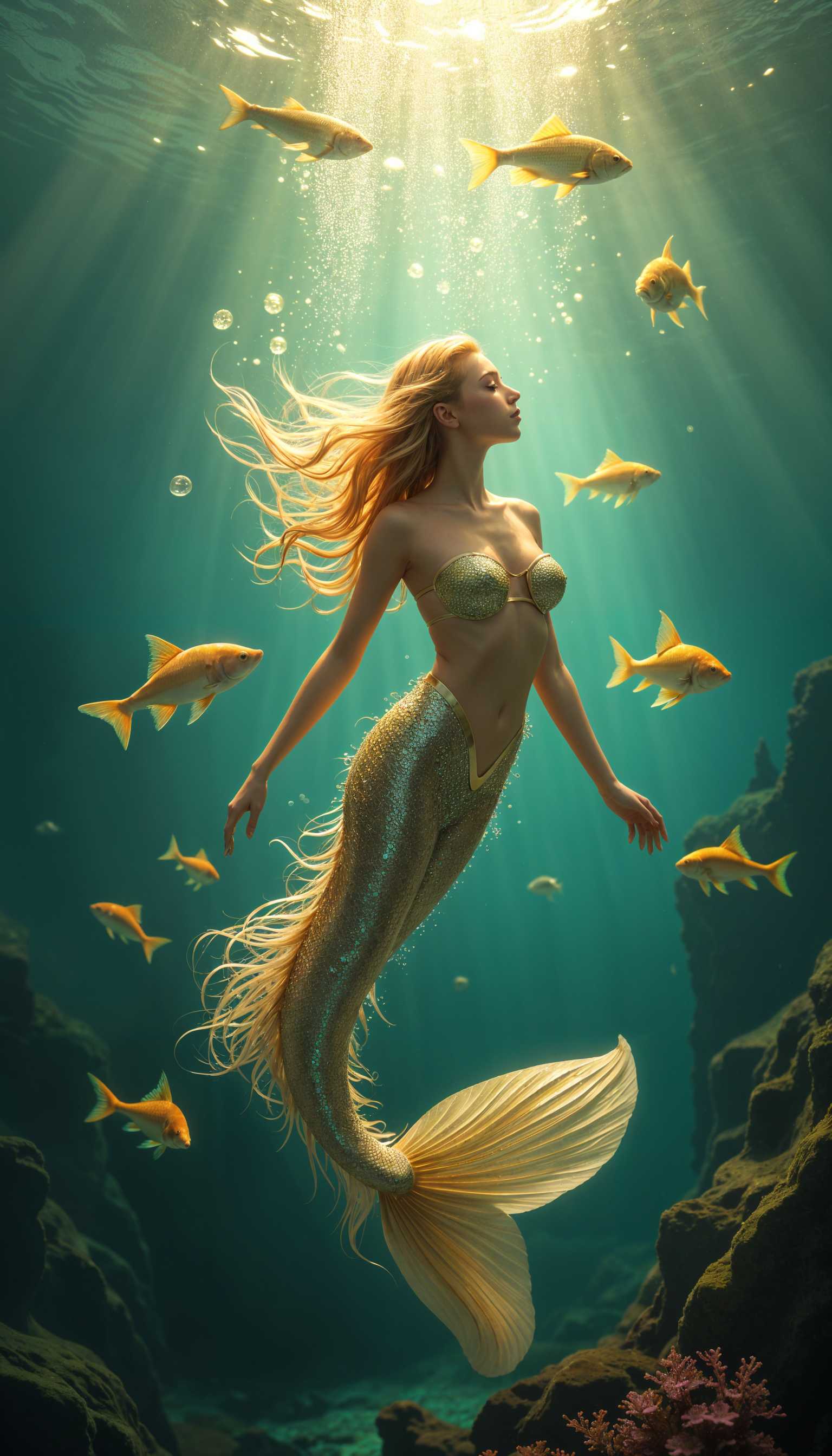 AI-generated image: This image is a captivating underwater scene, likely a digitally created artwork due to the surreal