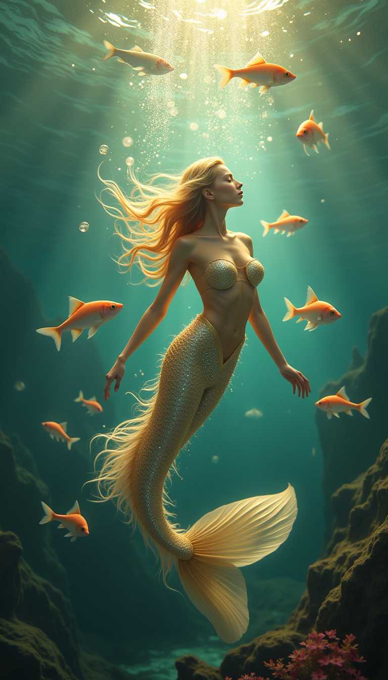 This image is a captivating underwater scene, likely a digitally created artwork due to the surreal and stylized elements. The medium appears to be a highresolution photograph or a digitally manipulated image, given the clarity and detail.The art style is fantastical, with a touch of surrealism, as it depicts a figure that resembles a mermaid amidst a school of shimmering fish. The mermaids skin is a warm, golden tone, which contrasts with the cool blues and greens of the underwater setting. The mermaids hair flows in waves, and her tail is adorned with scales that shimmer in a spectrum of gold and silver hues, reminiscent of a fishs scales.The fish in the scene are not ordinary, but rather have a luminescent quality, with their bodies appearing to glow with an inner light. They are various sizes and swim in different directions, creating a sense of movement and life in the water. The light filtering through the water from above dances on the surface and the fish, scattering sparkles and creating a dazzling effect.The overall color palette is rich and vibrant, with a harmonious blend of warm and cool tones. The golden and silver hues of the mermaid and fish stand out against the deep blues and greens of the underwater environment. The light plays a significant role in the image, with sunlight filtering through the water and highlighting the shimmering scales and the mermaids skin.The composition of the image is dynamic, with the mermaid positioned centrally, drawing the viewers eye. The fish are scattered around her, some swimming towards the camera, others away, adding depth and a sense of motion to the scene. The bubbles rising from the mermaids hand and the shimmering light on the water's surface contribute to the overall feeling of enchantment and fantasy.