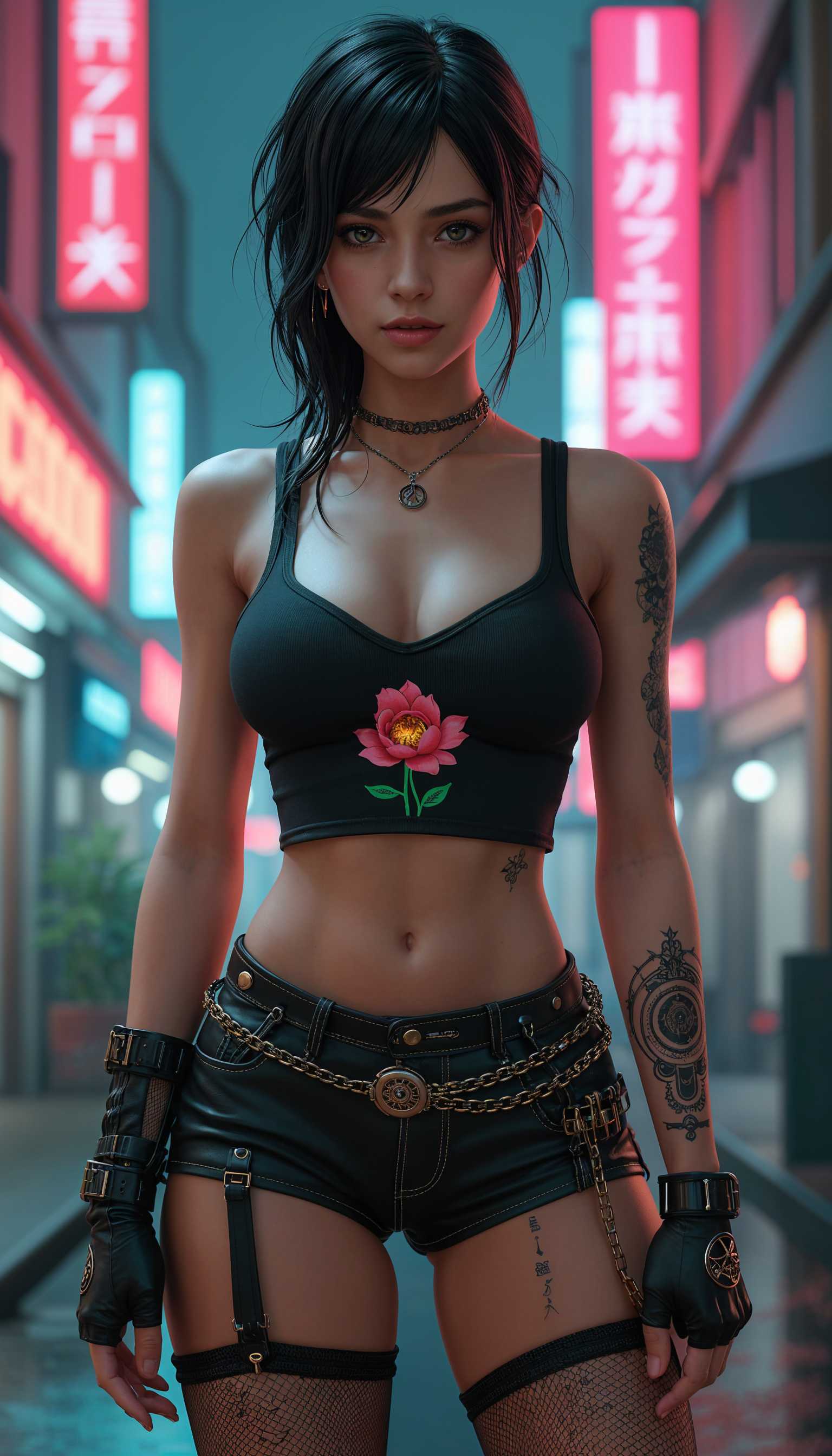 AI-generated image: This image is a digital artwork that depicts a female figure in a cyberpunk style. The art style is