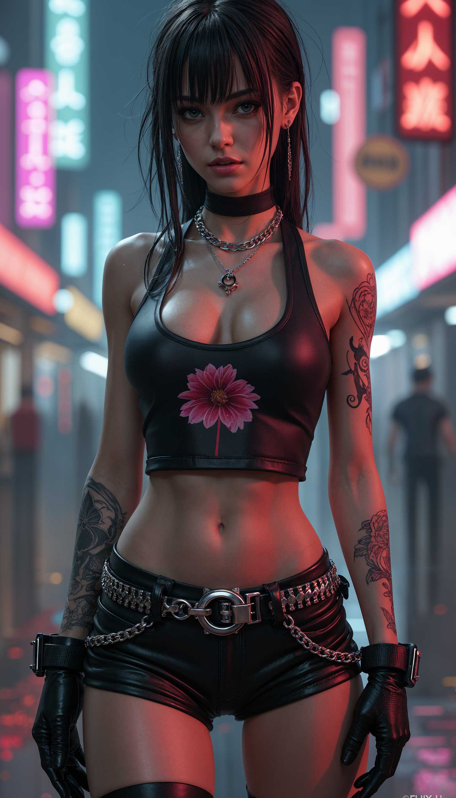 AI-generated image: This image is a digital artwork that depicts a female figure in a cyberpunk style. The art style is