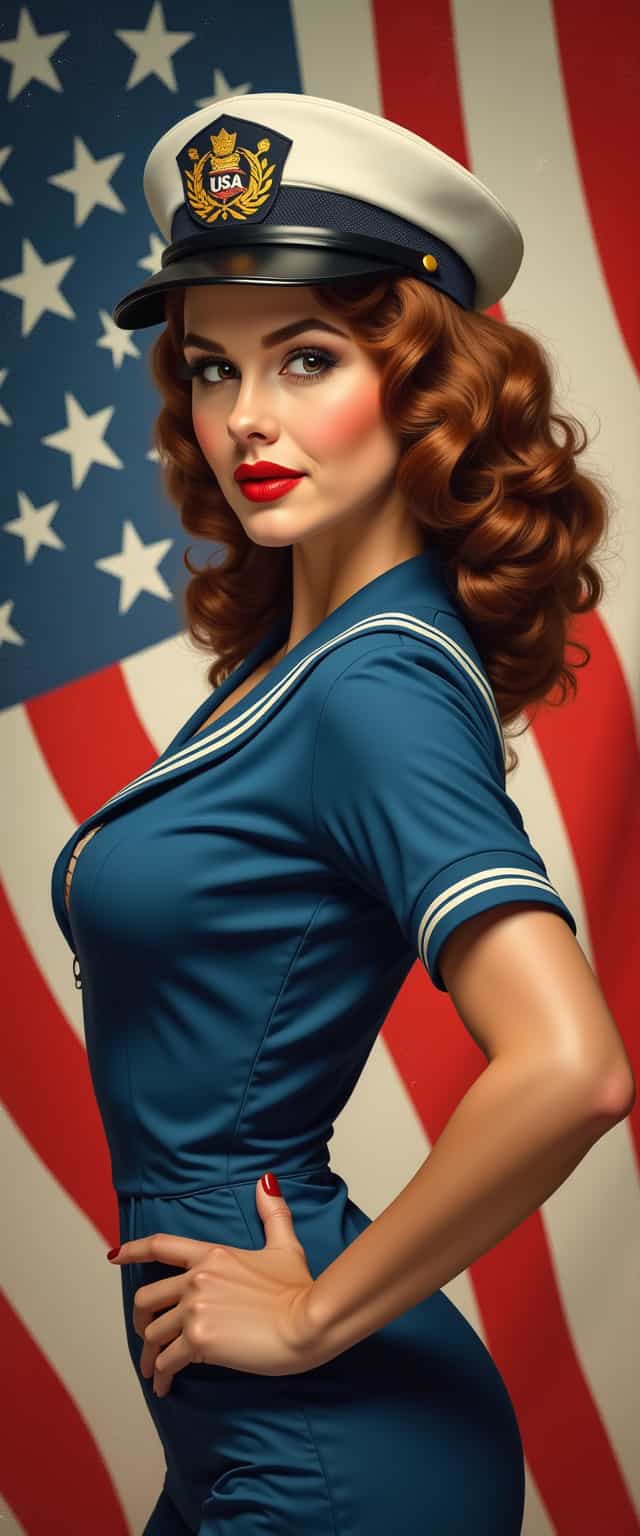 a photo of FLAG, beautiful USA wearing US blue and white navy uniform, hat showgirl, curled brown hair retro hair, old hollywood, dancer, americana, vintage, historical, airbrushed oil painting, 1950's pin-up style, background US FLAG