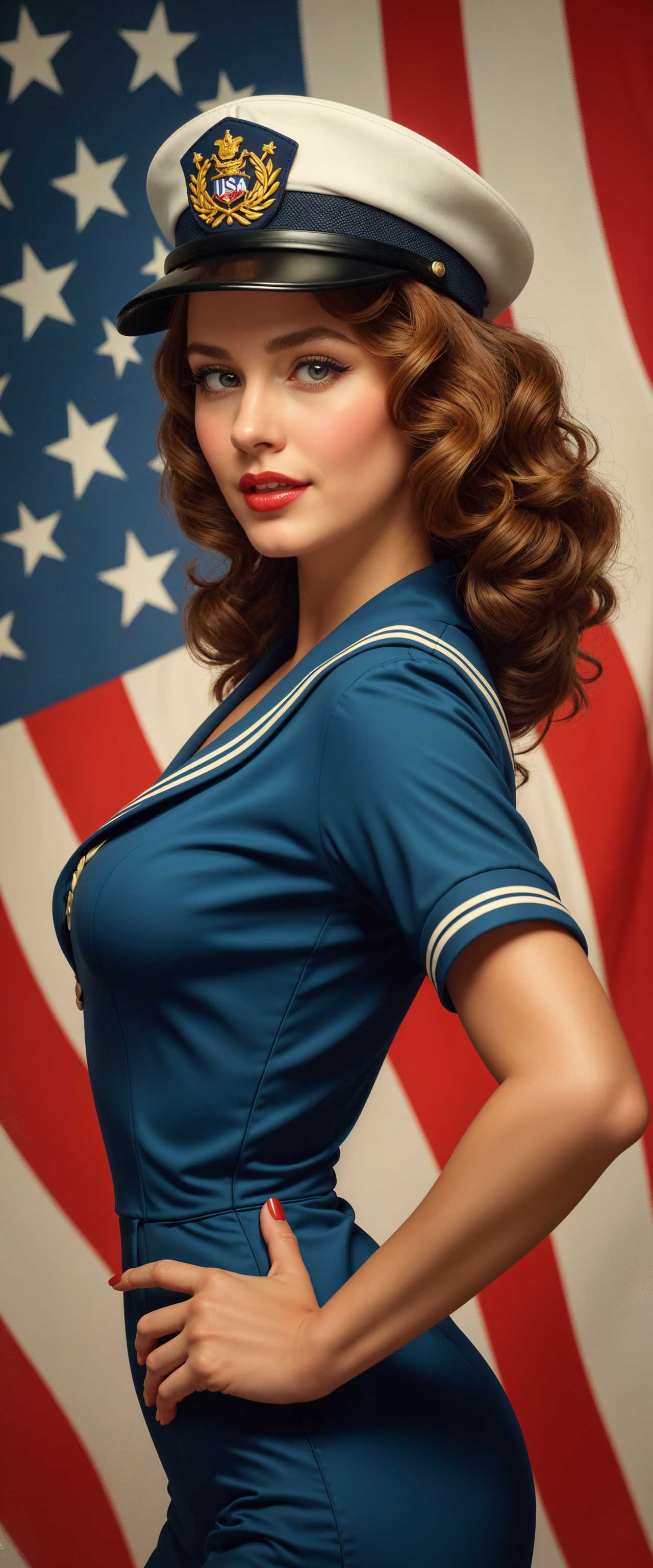 AI-generated image: a photo of FLAG, beautiful USA wearing US blue and white navy uniform, hat showgirl, curled brown ha