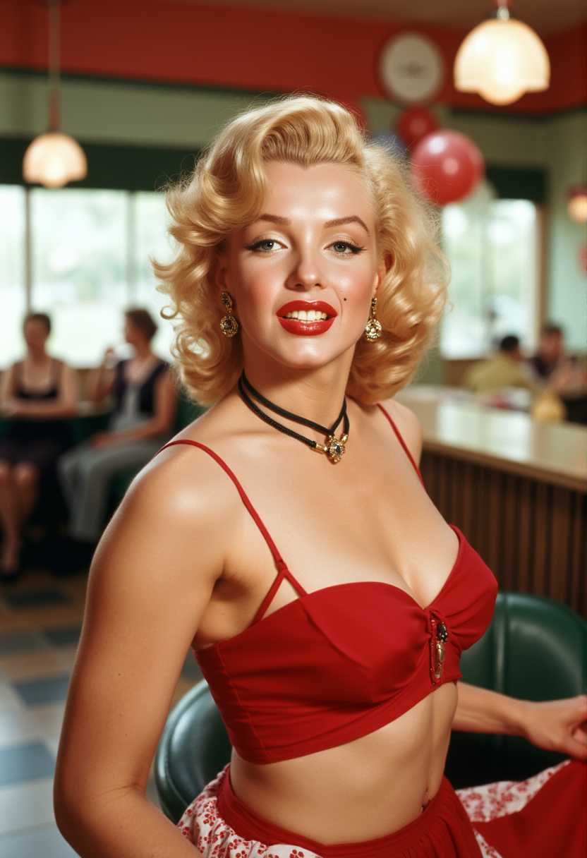 a photo of MONROE, Pin up, retro, redhead, vintage, diner, waitress, food, airbrush oil painting, 1950's diner, hyper-realistic, hd, 8k, photography