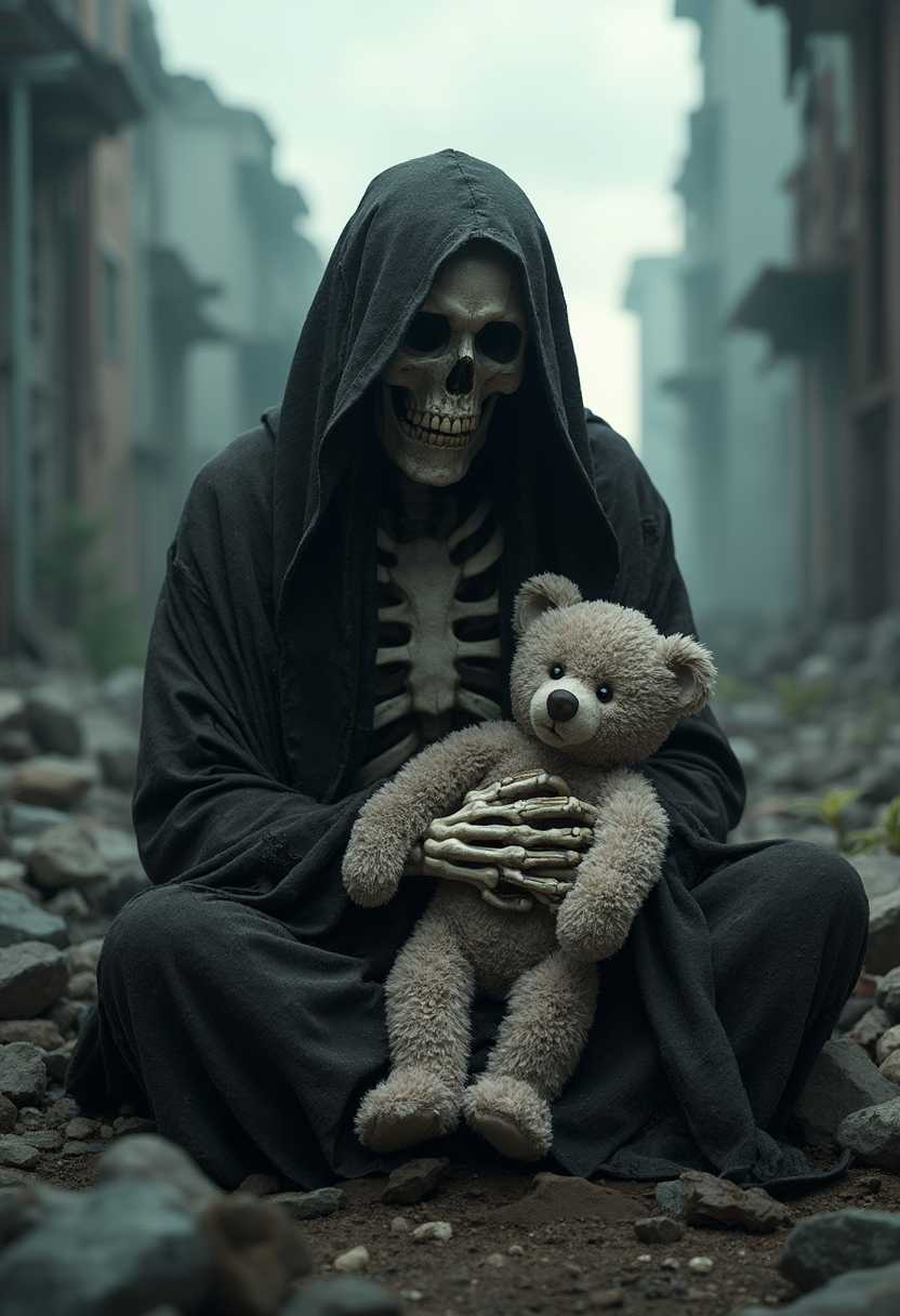 A hauntingly atmospheric scene of a skeletal figure draped in tattered, dark robes, sitting amidst the ruins of a desolate urban landscape. The figure cradles a worn, fluffy teddy bear in its bony hands, evoking a sense of lost innocence. The background features crumbling buildings and debris, shrouded in a moody, overcast sky, enhancing the eerie and melancholic mood. The lighting is soft yet dramatic, casting shadows that add depth to the scene, creating a striking contrast between the skeletal figure and the plush toy.