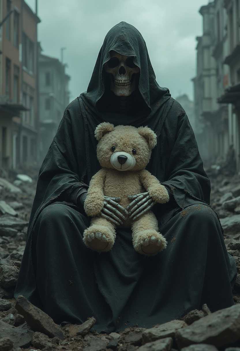 A hauntingly atmospheric scene of a skeletal figure draped in tattered, dark robes, sitting amidst the ruins of a desolate urban landscape. The figure cradles a worn, fluffy teddy bear in its bony hands, evoking a sense of lost innocence. The background features crumbling buildings and debris, shrouded in a moody, overcast sky, enhancing the eerie and melancholic mood. The lighting is soft yet dramatic, casting shadows that add depth to the scene, creating a striking contrast between the skeletal figure and the plush toy.