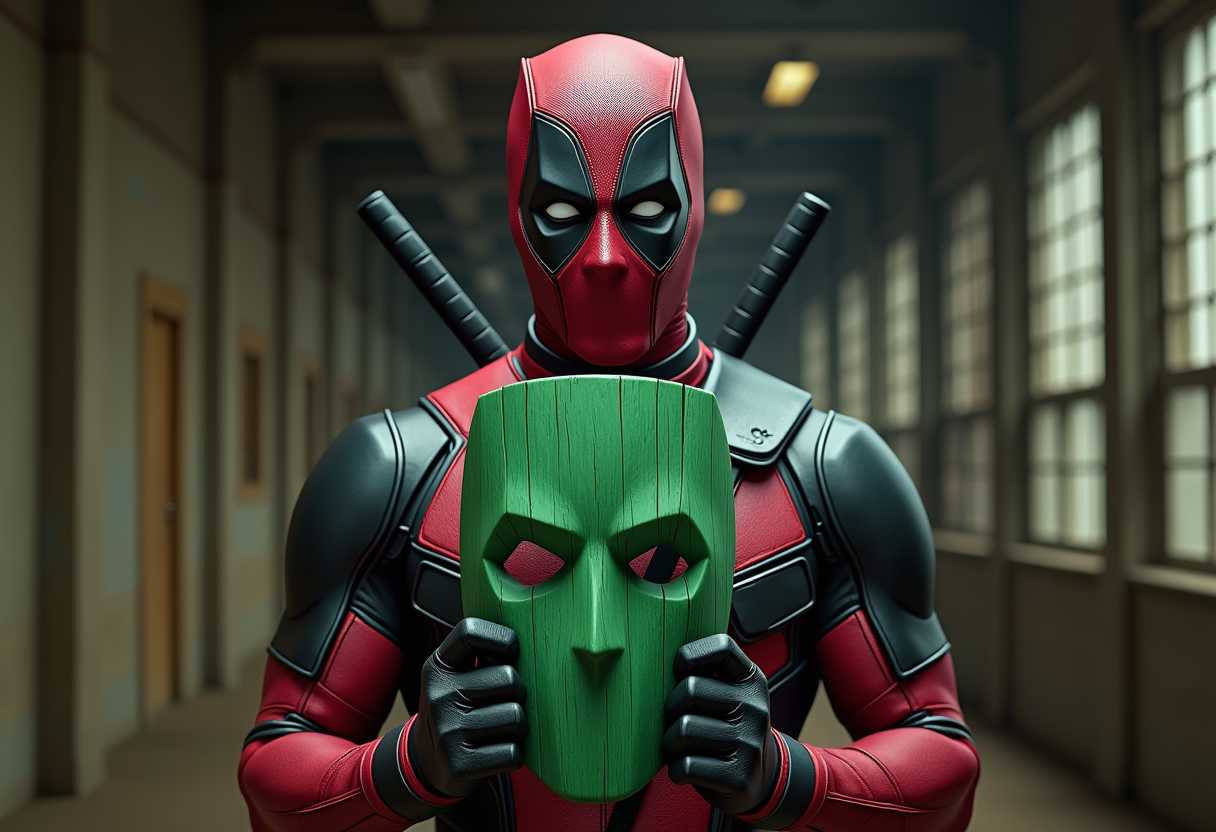 Deadpool in a Corridor, Hiding Behind a Green Mask