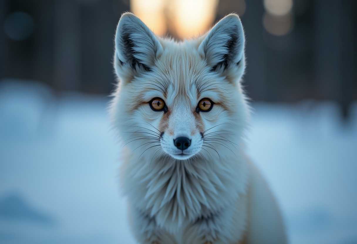GoPro shot of a arctic fox with big reflective eyes, moody lighting, real picture, depth of field, under the canada tendra background, raw photo