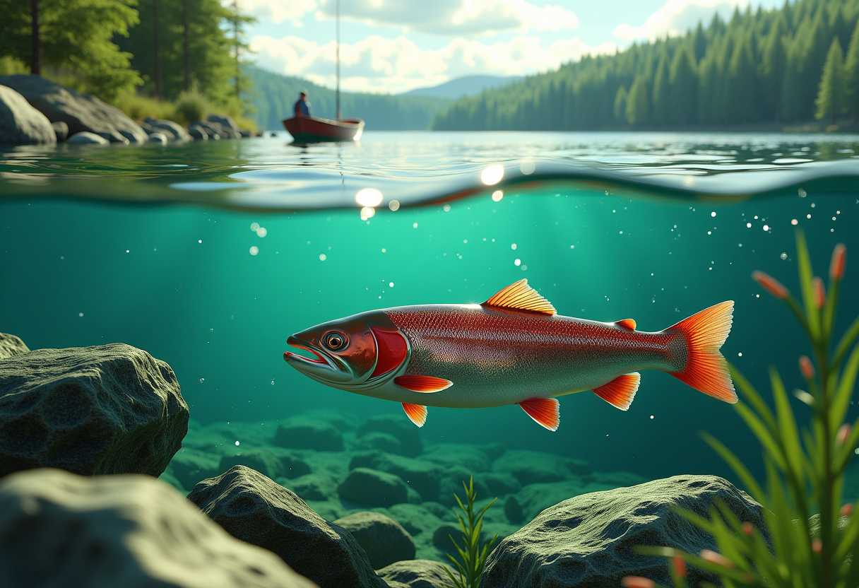Create a hyperrealistic 3D image that captures intricate details at the tranquil lake bed: rocks, aquatic plants, and brilliantly green clear water teeming with bubbles, waves splash effect, and reflections under sunlight. A reddish salmon fish with shiny and glowing scales glides gracefully under the water's surface.split the surface of the water and below the water scene, on the surface of the water there is a green forest scenery, small fishing boat visible from a distance