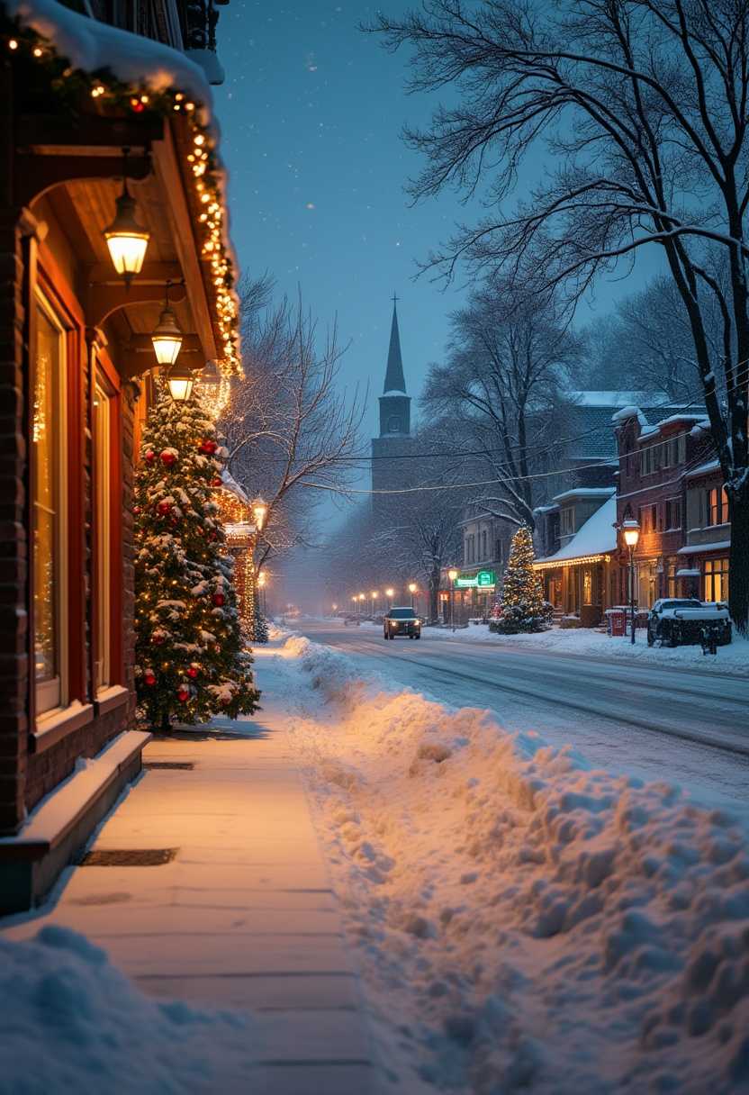 realism, photography, evening, city street with snow, Wyoming, lots of snow and Christmas decoration 