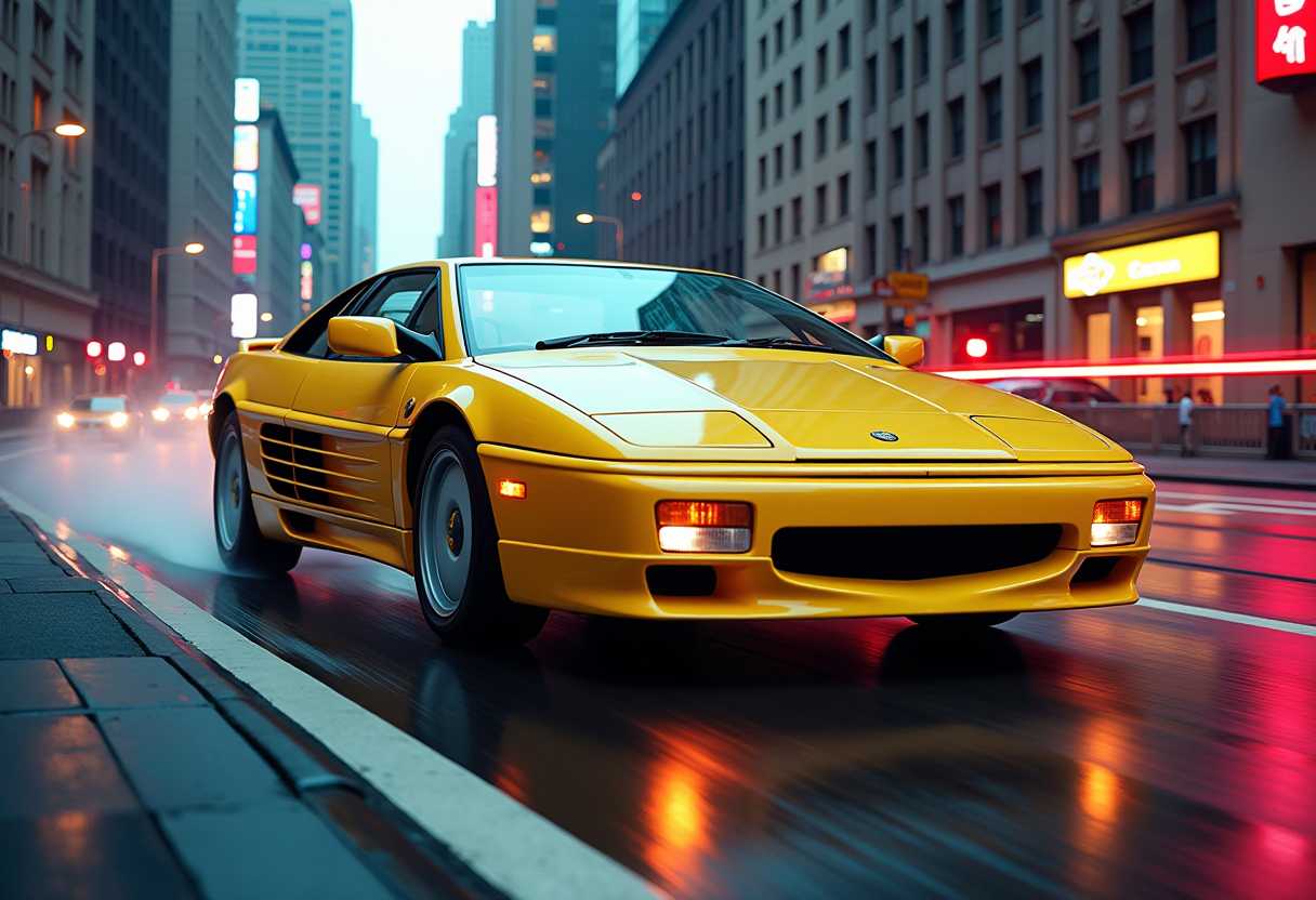 photography, realism, neon shading, an action shot of a 1990 Lotus esprit se turbo, Canary Yellow, with a city in the background, Canon EOS R6