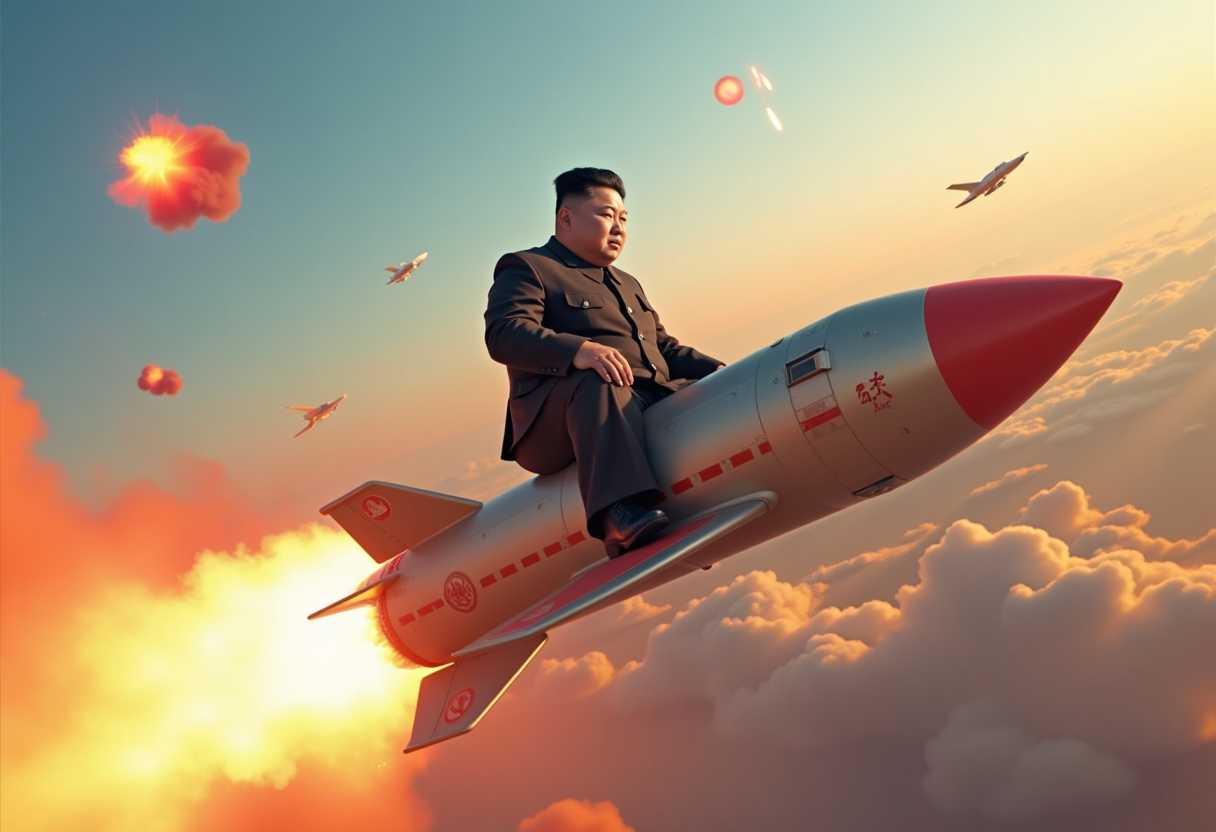 Kim Jong Un riding a missile through the sky rocketride, wearing military uniform, explosions and missiles in the background 