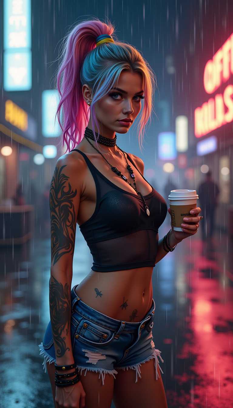 Megapixel, VR, Create an image of a young woman with a defiant and captivating expression, holding a cup of coffee, standing in a rainy, neon-lit urban street at night. She has a high ponytail with multicolored strands of hair in shades of pink, blue, yellow, and purple. Her look is accentuated with visible tattoos on her neck, arms, and legs. She wears a semi-transparent, wet tank top with street art designs, and shorts, emphasizing a bold, streetwise fashion sense. The background is bustling with the glow of neon signs and the reflections of city lights on wet pavement. The air is misty, suggesting a recent downpour. Size: 1024x1792 for a detailed full-body portrait.