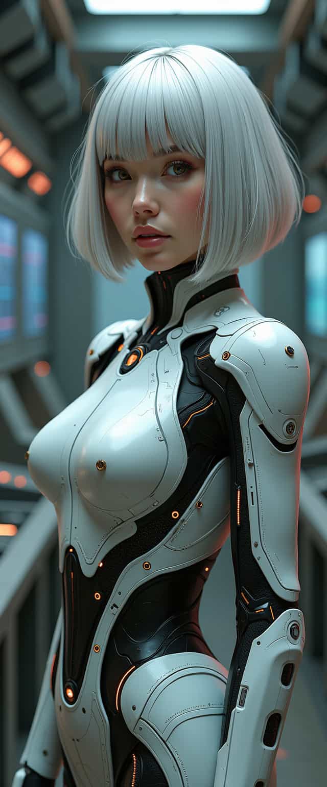 A detailed digital artwork of a young woman, facing camera, looking at viewer,  with silver bob-cut hair, depicted as a realistic cyborg in a futuristic mechanical suit. The suit features polished metal, matte finishes, intricate circuitry, and illuminated elements. Her smooth skin and silky hair contrast with her high-tech enhancements. The scene is set in a high-tech lab with metallic textures, electronic components, and screens, capturing a cyberpunk aesthetic.