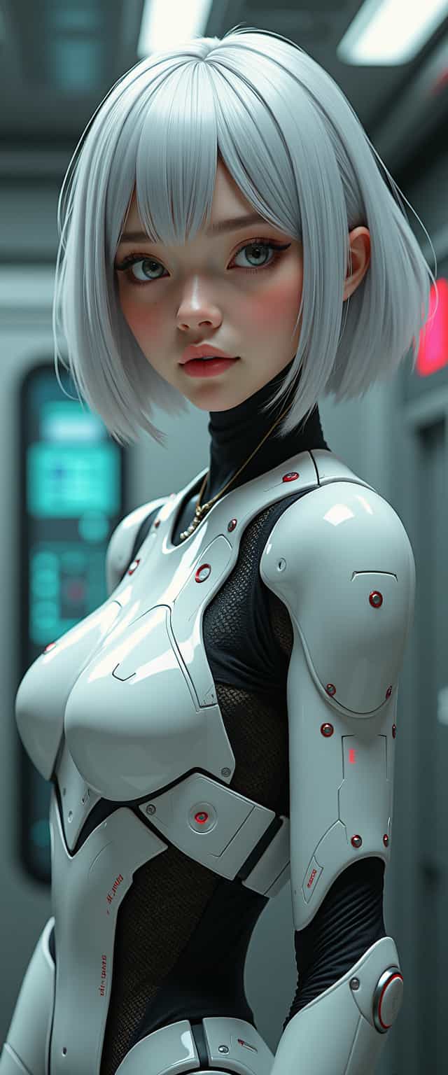 A detailed digital artwork of a young woman, facing camera, looking at viewer,  with silver bob-cut hair, depicted as a realistic cyborg in a futuristic mechanical suit. The suit features polished metal, matte finishes, intricate circuitry, and illuminated elements. Her smooth skin and silky hair contrast with her high-tech enhancements. The scene is set in a high-tech lab with metallic textures, electronic components, and screens, capturing a cyberpunk aesthetic.