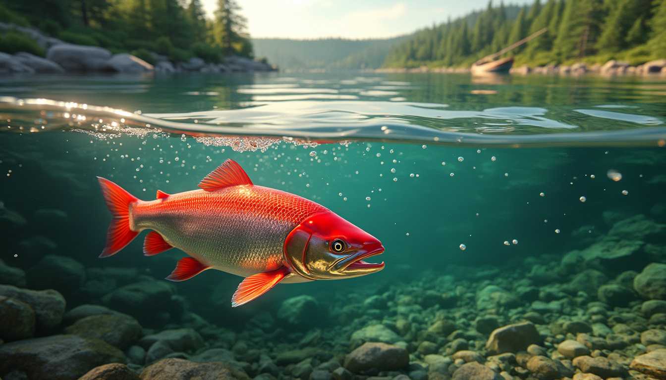 Create a hyperrealistic 3D image that captures intricate details at the tranquil lake bed: rocks, aquatic plants, and brilliantly green clear water teeming with bubbles, waves splash effect, and reflections under sunlight. A reddish salmon fish with shiny and glowing scales glides gracefully under the water's surface.split the surface of the water and below the water scene, on the surface of the water there is a green forest scenery, small fishing boat visible from a distance