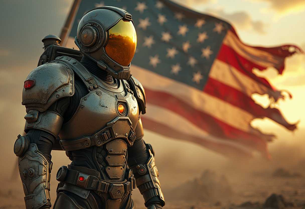 a suit of (atompunk power armor:2.3), background an atomic bomb cloud, a tattered ripped flag usa, style of FALLOUT TV