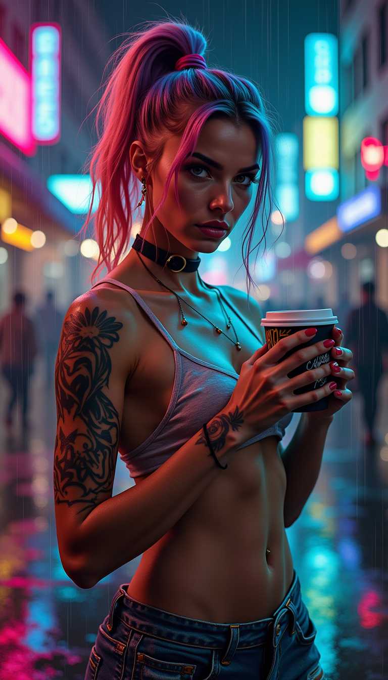 Megapixel, VR, Create an image of a young woman with a defiant and captivating expression, holding a cup of coffee, standing in a rainy, neon-lit urban street at night. She has a high ponytail with multicolored strands of hair in shades of pink, blue, yellow, and purple. Her look is accentuated with visible tattoos on her neck, arms, and legs. She wears a semi-transparent, wet tank top with street art designs, and shorts, emphasizing a bold, streetwise fashion sense. The background is bustling with the glow of neon signs and the reflections of city lights on wet pavement. The air is misty, suggesting a recent downpour. Size: 1024x1792 for a detailed full-body portrait.