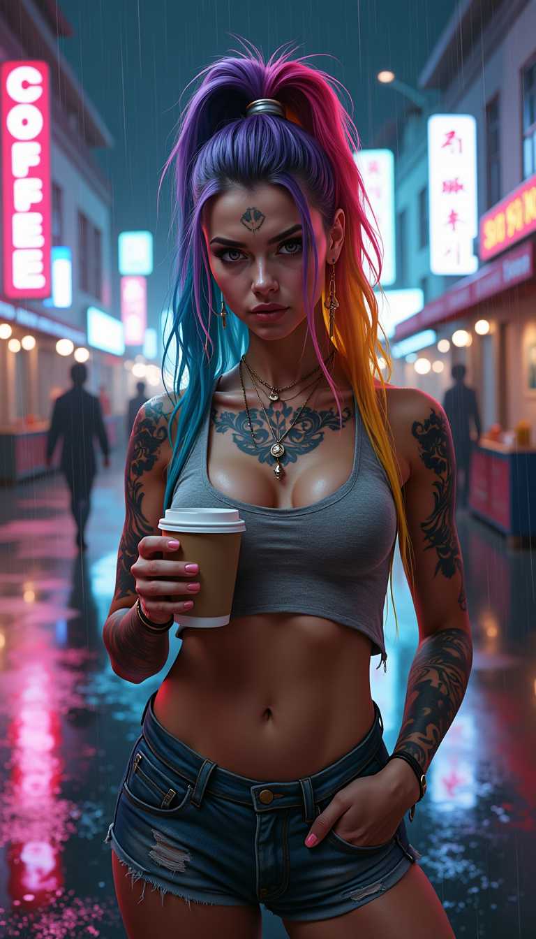Megapixel, VR, Create an image of a young woman with a defiant and captivating expression, holding a cup of coffee, standing in a rainy, neon-lit urban street at night. She has a high ponytail with multicolored strands of hair in shades of pink, blue, yellow, and purple. Her look is accentuated with visible tattoos on her neck, arms, and legs. She wears a semi-transparent, wet tank top with street art designs, and shorts, emphasizing a bold, streetwise fashion sense. The background is bustling with the glow of neon signs and the reflections of city lights on wet pavement. The air is misty, suggesting a recent downpour. Size: 1024x1792 for a detailed full-body portrait.