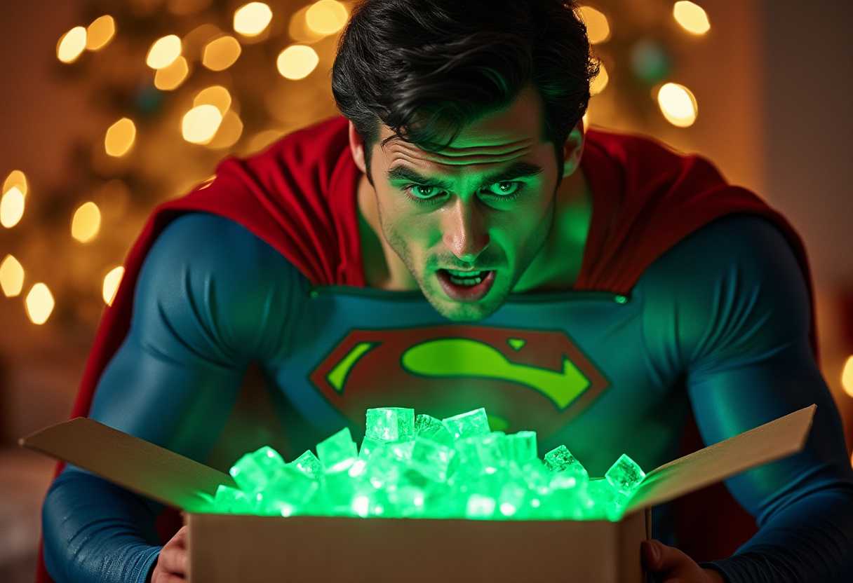 visibly ill, shocked, baffled surprised looking Superman man unwrapping an open box full of glowing green neon sharp jaged edged kryptonite:1.1, UHD RAW photo, Nikon F2 Camera, Æ/1, ISO 3200, 200mm lens, background holiday decorations, at noon, (sharp focus, realistic:1.2)