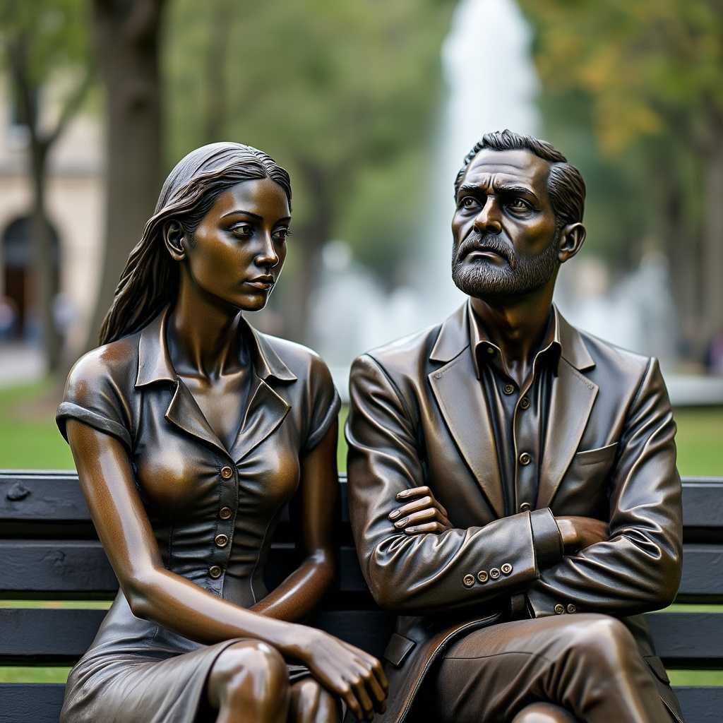 Bronze shiny patina texture sculptures with extreme patination, facing viewer serious look on face,  of a man and a woman in a public park, sitting on a bench, bench is facing camera. In the background a fountain. vivid depictions