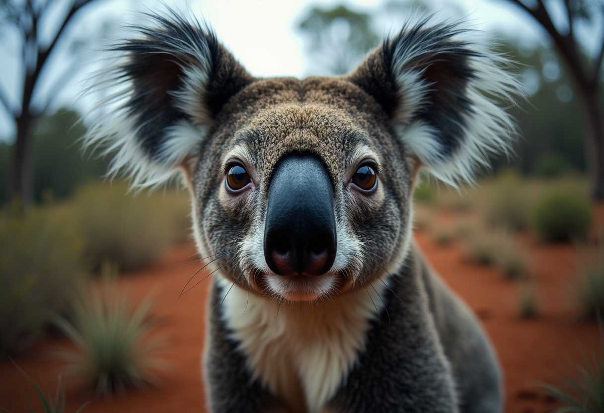 GoPro shot of a KOALA BEAR with big reflective eyes, moody lighting, real picture, depth of field, under the Australia outback background, raw photo