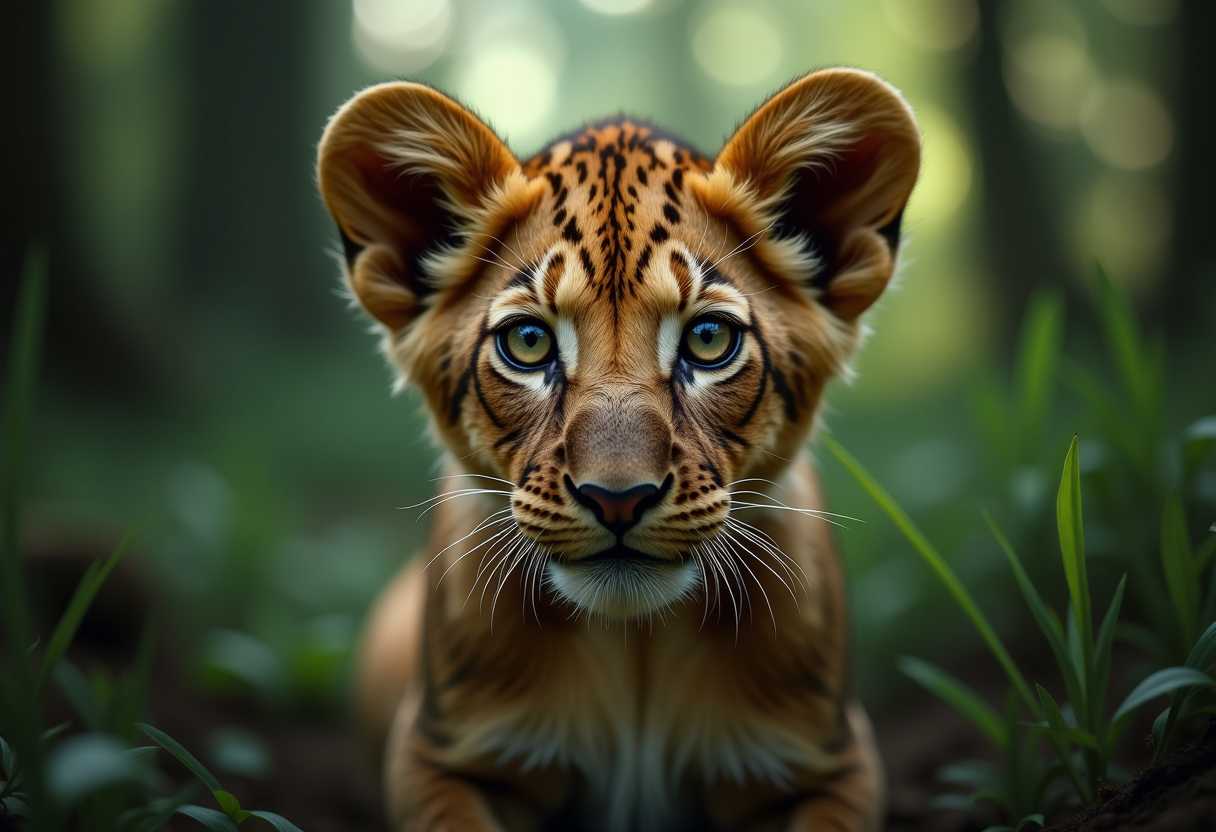 GoPro shot of a lion cub panther with big reflective eyes, moody lighting, real picture, depth of field, under the African jungle background, raw photo