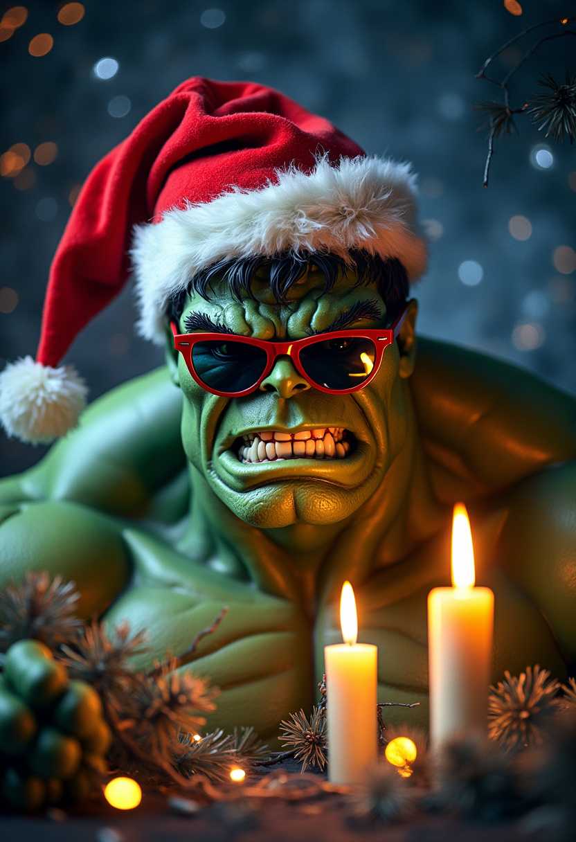 photo of hulk portrait with a red christmas bonnet and cool sunglasses, candles, white, grey red, yellow and blue electric outlines,high definition, intricate details, bright colors, negative space set on a black background, hyper-realism, 8k, hd, photography 