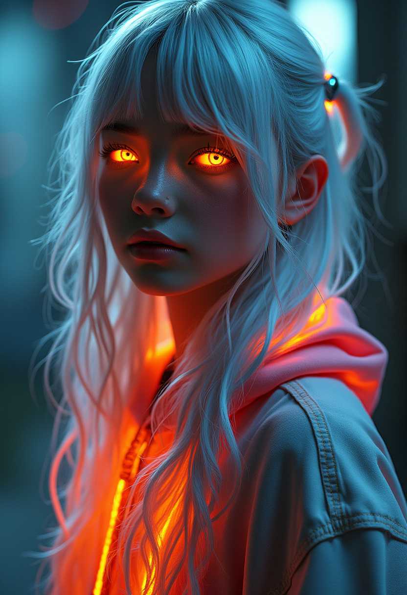 Enigmatic Neon Glow A Portrait of a Girl with Mesmerizing Eyes