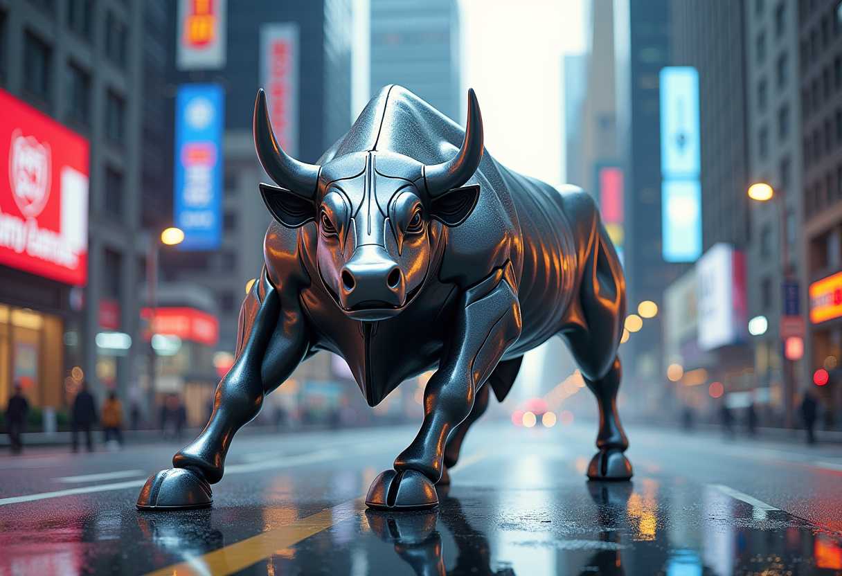 Photograph a futuristic cityscape featuring a digitally printed oversized aluminum animal, symbolizing the convergence of technology and biology in the Anthropocene. Employ dynamic lighting to highlight the contrast between the organic figure and the urban backdrop, using a Canon EOS R5 with a 50mm lens for optimal capture, style of Wall Street charging bull