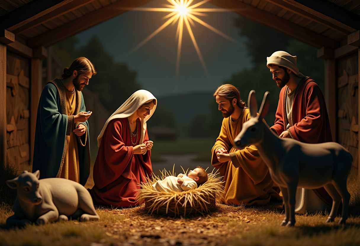A very realistic Nativity scene 2024 in a manger with Baby Jesus, the Virgin Mary, Saint Joseph, a cow, a donkey and some shepherds adoring the Baby Jesus, realism::5