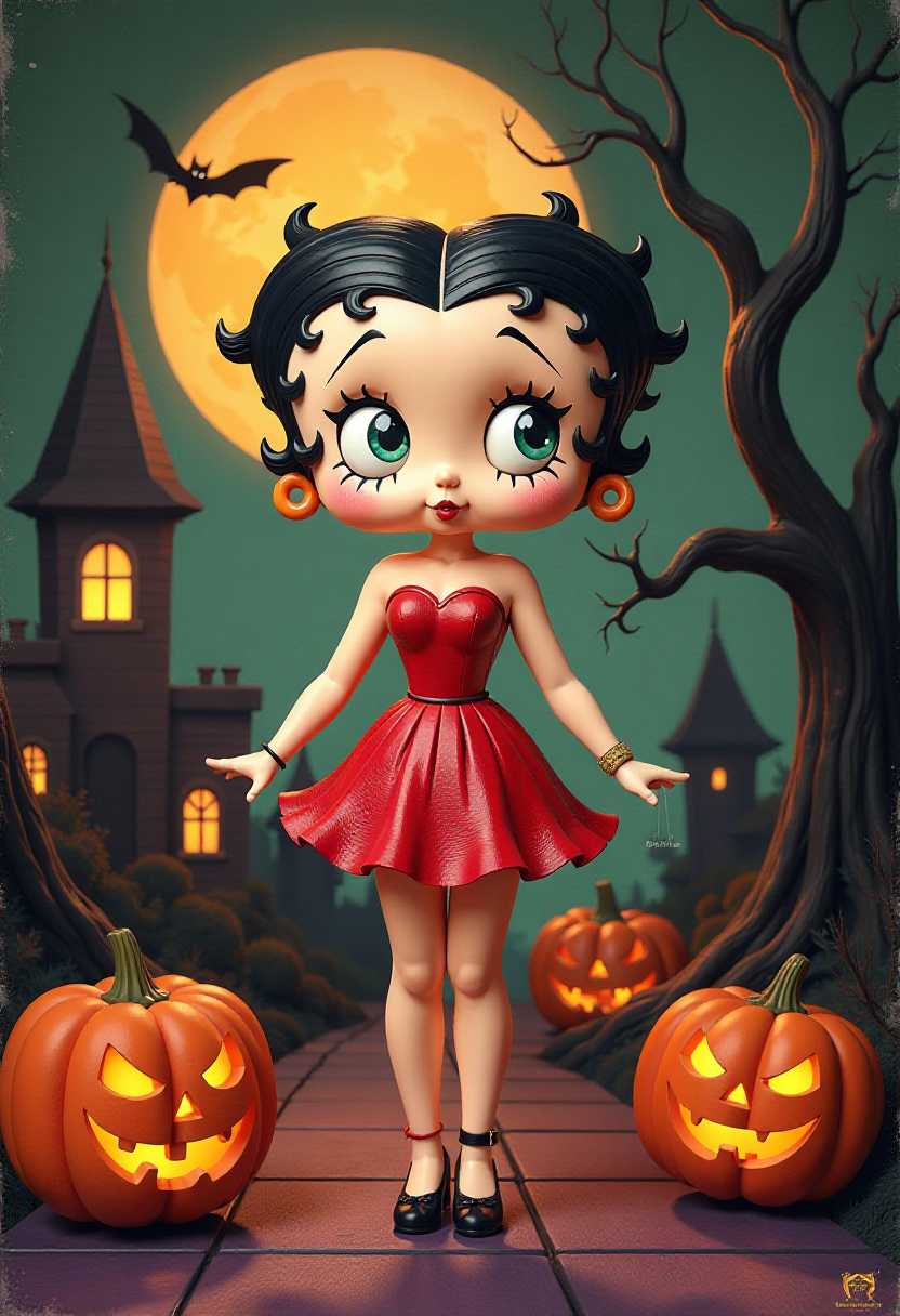 retro halloween illustration of a 3d cartoon betty boop. This image features simplified characters and scenery that appear to be 3d model painted wooden figures or puppets without strings. 