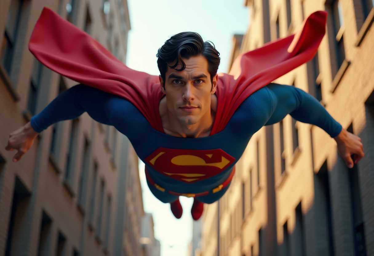 pixar-style shot of a superman flaying towards the camera. modern, industrial, cinematic, 3d