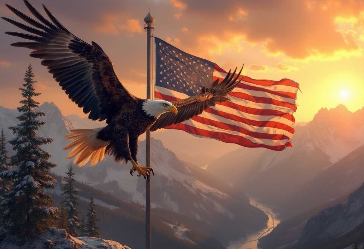 photography, realism, bald eagle, usa flag, flying over montana rockies, sun setting