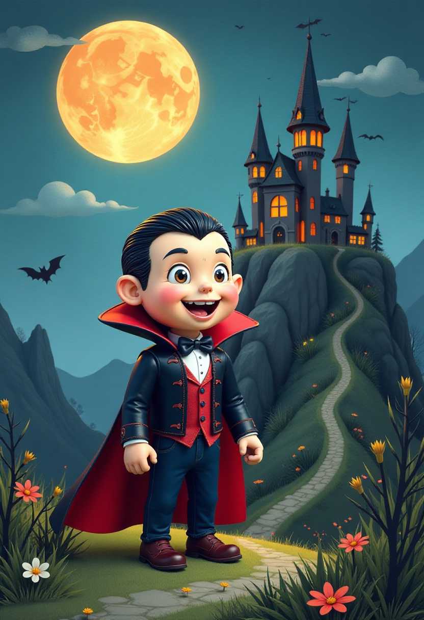 Little Vampire with Castle and Full Moon in Halloween Night