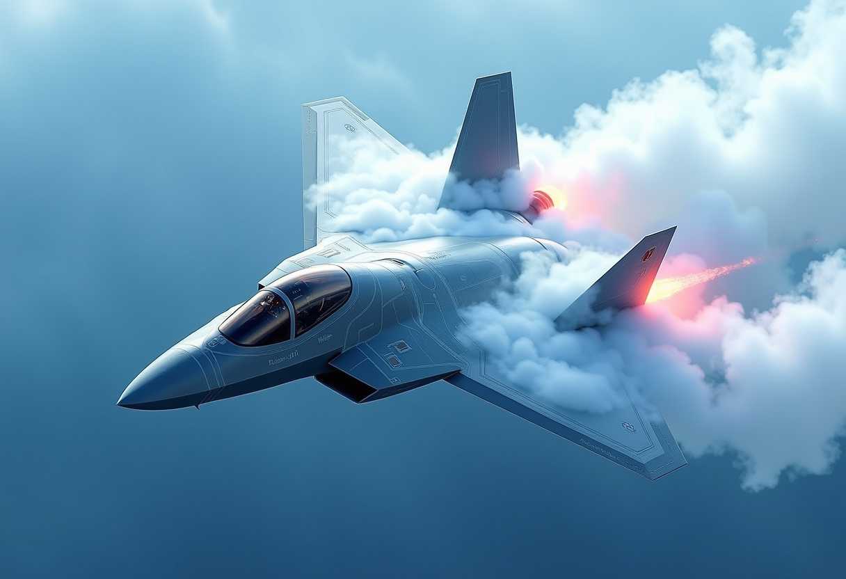 Create an image of a modern stealth fighter F-22 Raptor, on a bright blue sky, in mid-flight performing a sharp maneuver. The aircraft is angled sharply towards the left with its left wing tip pointing down, suggesting a bank or roll. The jet is enshrouded in thick, wispy white vapor or cloud reminiscent of condensation clouds often formed at high speeds and maneuvers, which wrap around the aircraft\'s body, wings, and tail fins. The vapor trails, from rain, express dynamic motion swirling around the fuselage. The aircraft’s skin features angular panels and stealthy facets, characteristic of stealth design, in varying shades of dark gray and muted blues, highlighting its polygonal stealth characteristics. The afterburners are ignited, emitting a bright orange glow of fire, and two distinct pinkish flame trails that extend outward from the rear, indicating powerful thrust. The background is a featureless, muted light blue sky, providing a simple gradient from lighter at the top to dark