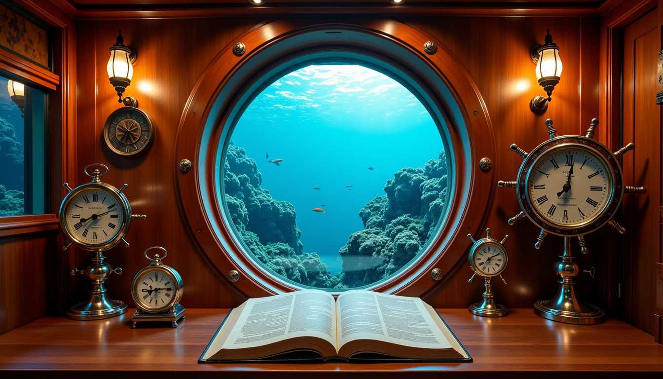 No Trigger words, Create a captivating scene that elegantly merges the essence of a nautical captain’s cabin with the mystique of an underwater observatory. The central feature is a grand, curved porthole window, framing a breathtaking view of a vibrant coral reef, bustling with a rainbow of tropical fish in all their splendor. The window, slightly fogged by the condensation, gives a mesmerizing picture of life beneath the waves, the soft hues of blues and greens captivating the observer. Inside the cabin, the ambiance is steeped in old-world charm and the spirit of exploration. The walls and ceiling, crafted from richly hued, polished wood, are adorned with gleaming brass nautical instruments. A majestic ship's wheel is mounted centrally, flanked by intricately etched compasses and an array of ornate clocks. Each clock tells a different story through its design—a prominent, grand clock commands the wall, while several smaller, meticulously detailed ones are arranged on a polished wooden desk before the window. 

Upon this desk lies an open book, possibly a captain's log or an ancient sea chart, its pages filled with artful calligraphy that speaks of past voyages and discoveries. The room's atmosphere radiates a warm, inviting glow, with gentle ambient light filtering through the porthole, complemented by the