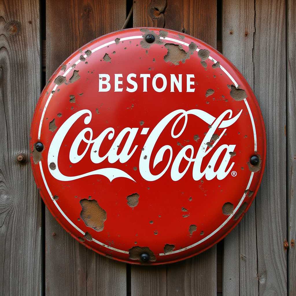 realism, photography, photo old tin, worn round Coca-Cola sign, with the words "Coca-Cola". on an old wooden wall