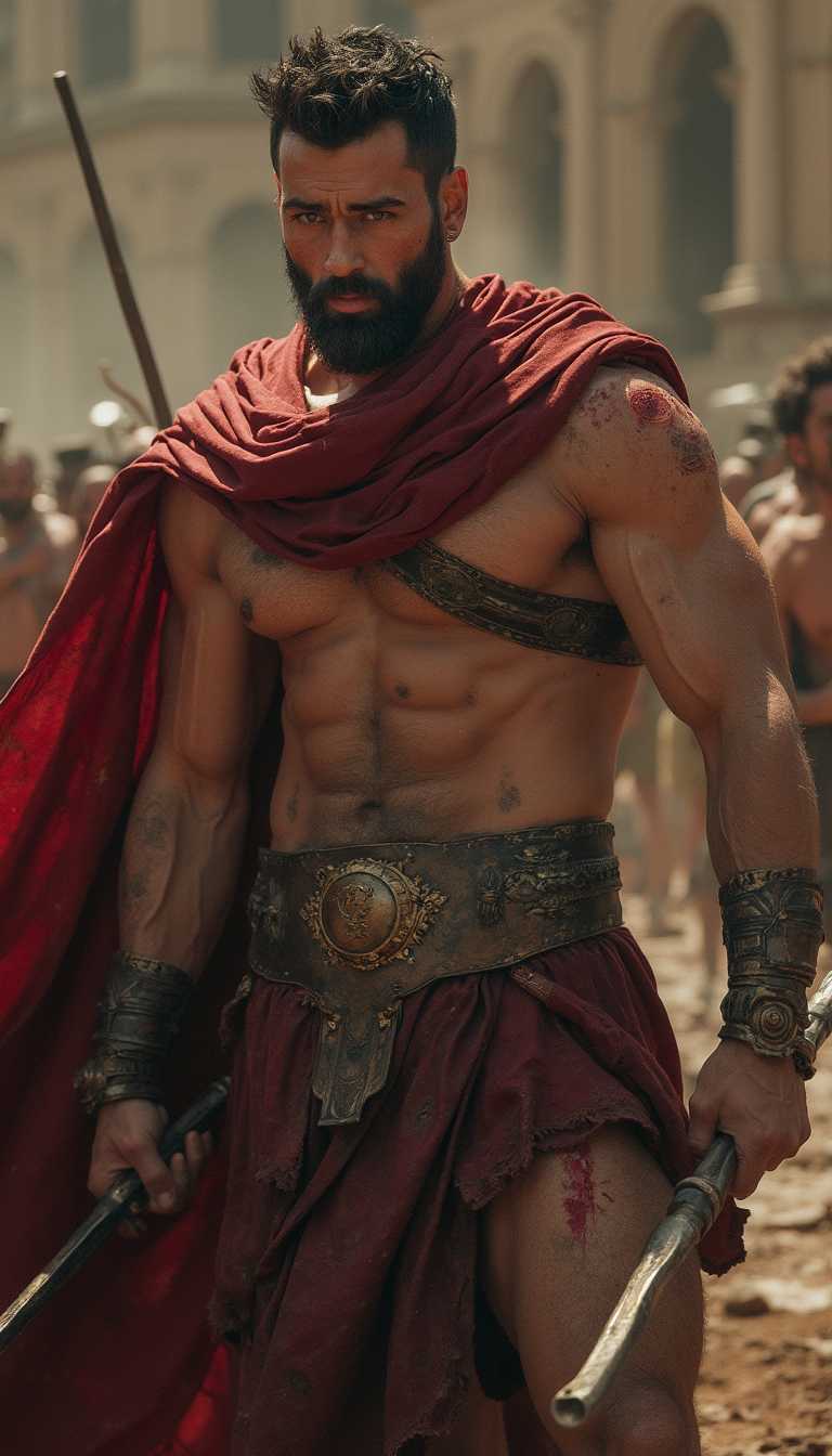  realistic, masterpiece, best quality, cinematic, dynamic lighting, natural shadow, highest detail, professional photography, detailed background, depth of field, insane details, intricate, aesthetic, detailed face, detailed skin, subsurface scattering, realistic hair, realistic eyes, muscular, masculine, large pectorals, shiny skin, (sweat:0.5), pecs, abs, photo of a handsome man, spartan armor, red cape, holding weapon, armor, sandals, ancient greece, outdoors, wind, shoulder armor, dirty skin, bloody skin, fighting stance,