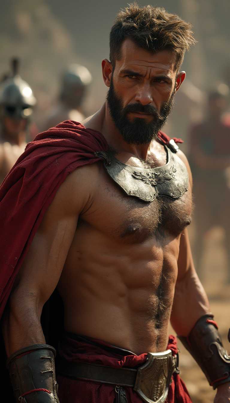  realistic, masterpiece, best quality, cinematic, dynamic lighting, natural shadow, highest detail, professional photography, detailed background, depth of field, insane details, intricate, aesthetic, detailed face, detailed skin, subsurface scattering, realistic hair, realistic eyes, muscular, masculine, large pectorals, shiny skin, (sweat:0.5), pecs, abs, photo of a handsome man, spartan armor, red cape, holding weapon, armor, sandals, ancient greece, outdoors, wind, shoulder armor, dirty skin, bloody skin, fighting stance,