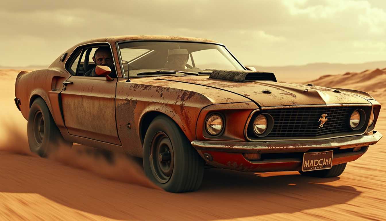 A post apocalyptic style wide view poster, in a post apocalyptic utopia, of a modified rusted decayed mustang muscle car, sepia color scheme, in an action shot, driving on a desert road wasteland, fighting a war battle against raiders, highly detailed digital art, ultra realistic, photo realistic, 4k, best quality, Mad Max, driver smiling at camera